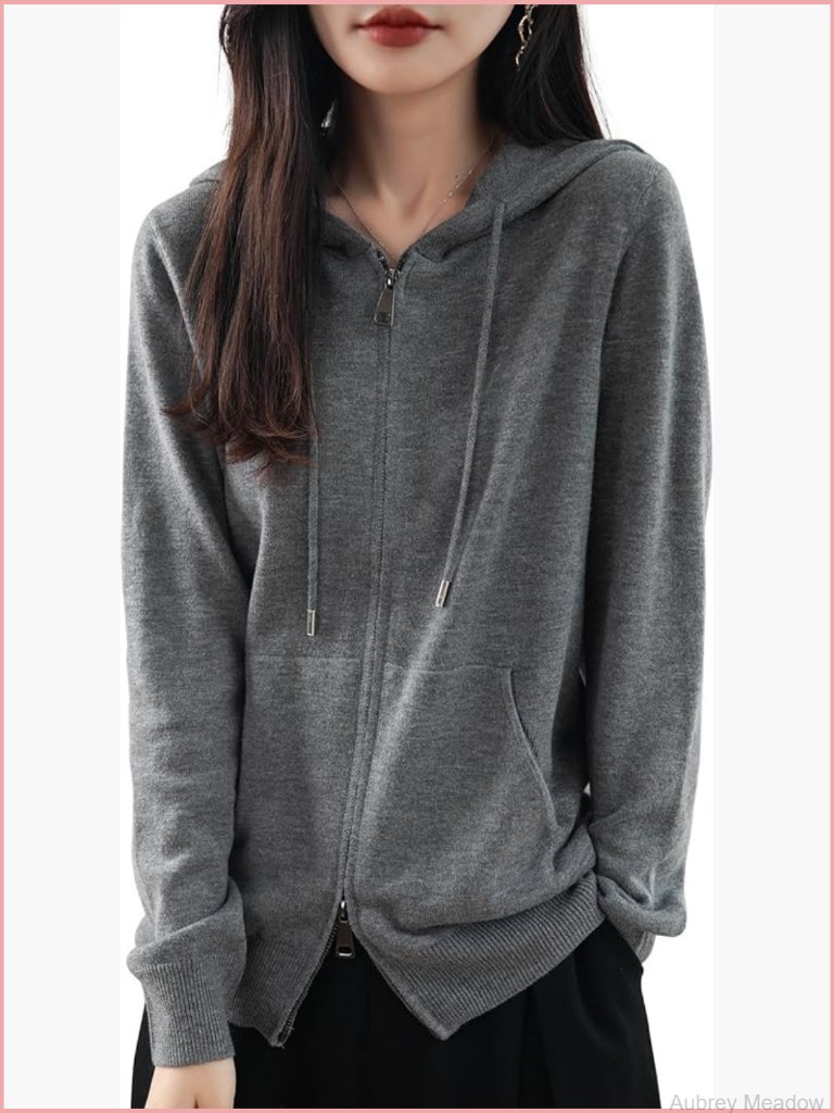 Women's Merino Wool Blend Zip Up Cardigan Crew Neck Long Sleeve Knit Sweatshirt